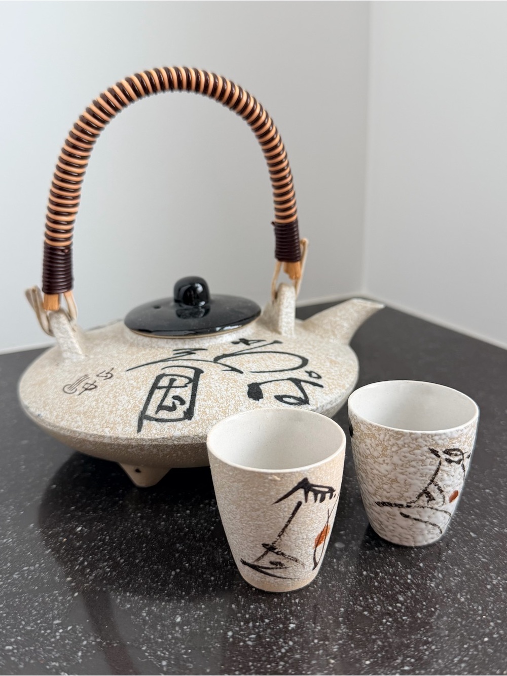 Clay Sake Teapot and Cup Set in Beige with Black Accents Japanese vintage